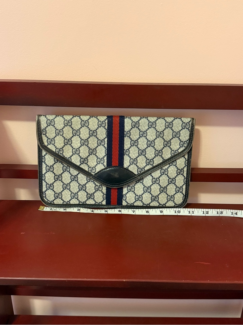 Gucci GG Supreme Envelope Clutch with Blue and Red Web Stripe